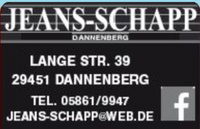 Jeans-Schapp, Lange Str. 39, 29451 Dannenberg, Tel. 05861/9947, jeans-schapp@web.de